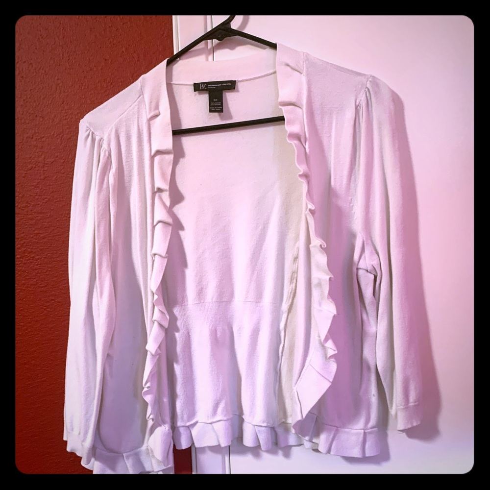 0x I-N-C white cardigan with ruffles.